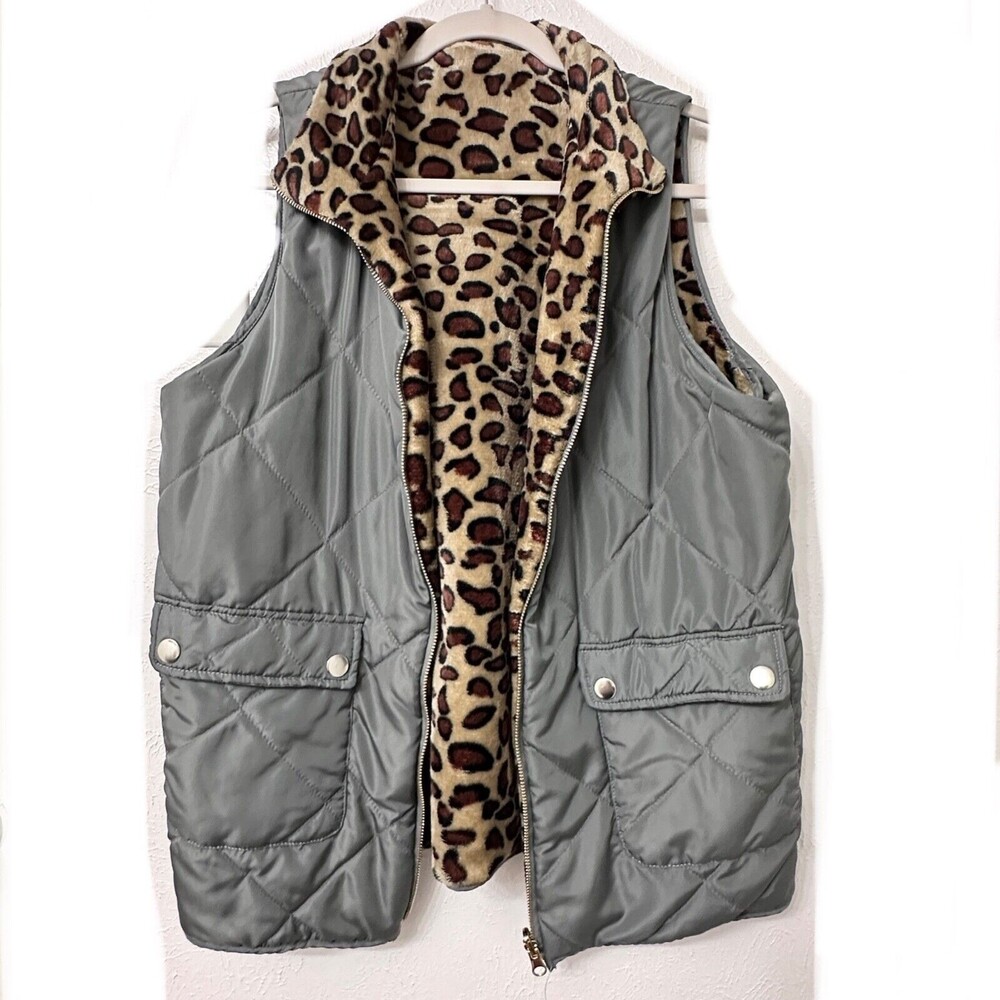 Women's Leopard Print Grey Vest Medium Reversible Waistcoat Pockets